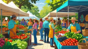 Local farmers market in Eau Claire, Wisconsin with fresh produce vendors and community shoppers under canopy tents
