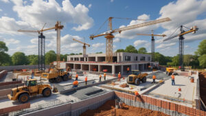 Commercial construction site in Eau Claire, Wisconsin featuring cranes, construction workers, and early-stage concrete structures