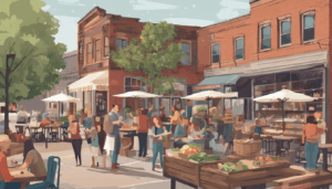Charming downtown Eau Claire, Wisconsin street fair with outdoor dining, market stands, and local residents enjoying the event
