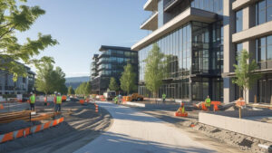 Commercial development underway in Everett, Washington, with construction crews working along a partially completed road beside glass office buildings.