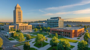 Downtown Federal Way, Washington government center at sunrise, featuring City Hall and administrative buildings surrounded by landscaped green spaces.