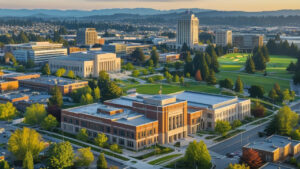 Aerial view of central Federal Way, Washington, showcasing civic buildings, parks, and office complexes with the Cascade Mountains in the background.