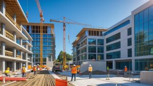 Construction site in Federal Way, Washington with workers in safety gear, cranes, and mid-rise commercial buildings under development.