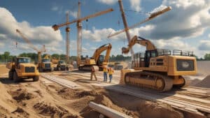 Large-scale construction project in Fond du Lac, WI featuring cranes, bulldozers, and crews working under bonded contract obligations.
