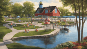 Lakeside park and lighthouse-inspired building in Fond du Lac, WI, highlighting public spaces often developed under bonded municipal contracts.