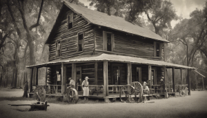 Historic wooden farmhouse with settlers in Friendswood, Texas – black-and-white heritage image depicting early settlement architecture.