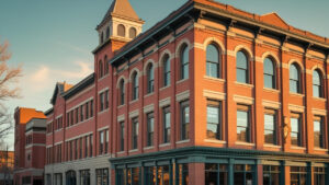 Historic brick building in downtown Green Bay, Wisconsin, reflecting commercial development areas where performance bonds are required for contractors.