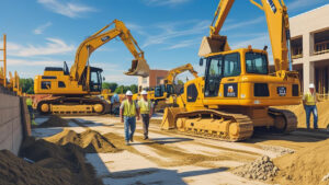 Excavators and contractors laying concrete foundation for new buildings in Greenfield, Wisconsin’s growing industrial zone.