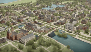 Aerial view of downtown Greenfield, Wisconsin featuring commercial buildings, green spaces, and connected neighborhoods.