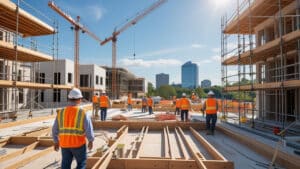 Construction crew working on a large-scale commercial project in Hampton, Virginia with cranes and city skyline in the background.