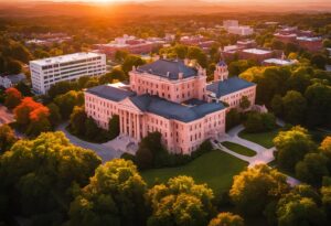 Sunset aerial view of a historic government or university building in Harrisonburg, Virginia surrounded by green trees and city infrastructure