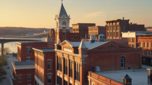 Aerial view of historic downtown Huntington, WV with brick architecture and the Ohio River bridge at sunset