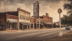 Historic downtown street in Hurst, Texas, with vintage storefronts, the Hurst Theater sign, and classic architecture, illustrating the city's cultural charm and economic development potential.

