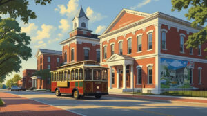 Historic brick buildings and a vintage red trolley on the streets of Janesville, WI, representing civic heritage and municipal project areas subject to bonding regulations.
