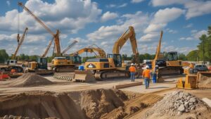 Construction workers operate heavy machinery at a building site in Janesville, Wisconsin, highlighting local development projects requiring performance bonds.