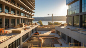 Riverfront construction site in Kennewick, Washington with cranes, new buildings, and Columbia River view at sunrise