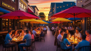 Outdoor dining scene in downtown Kennewick, Washington with people enjoying food under colorful umbrellas during sunset

