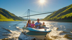 Family boating on the Columbia River in Kennewick, Washington with scenic hills and bridge in the background on a sunny day