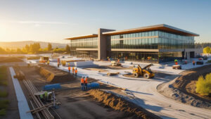Commercial construction site in Kennewick, Washington with workers and equipment at a large modern office building development