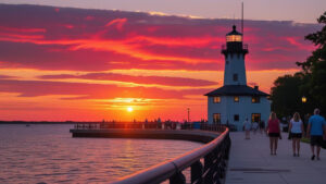 Sunset over Kenosha, Wisconsin lighthouse with people walking along the scenic waterfront pier