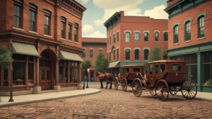 Historic downtown Kenosha, Wisconsin featuring red brick buildings and vintage horse-drawn carriages on cobblestone streets