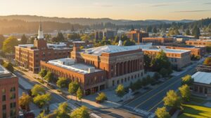 Downtown Kent, Washington aerial view featuring historic red brick buildings and tree-lined streets during sunrise