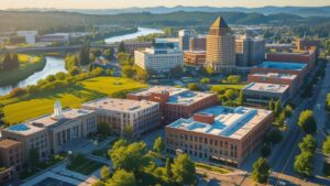 Aerial view of Kent, Washington showcasing city offices, the Green River, and civic buildings surrounded by parks
