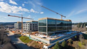 Office complex under construction in Kent, Washington with cranes and modern glass-front buildings