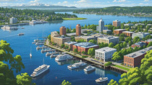 Aerial view of downtown Kirkland, Washington with waterfront marinas, office buildings, and scenic lakefront surrounded by forested neighborhoods and distant mountains.