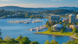 anoramic view of Kirkland, WA showcasing luxury waterfront properties, modern high-rise buildings, and marina filled with boats on a clear summer day.