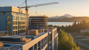 Commercial construction site in Kirkland, Washington at sunrise with tower cranes and mid-rise buildings under development overlooking Lake Washington and surrounding hills.