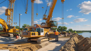 Bridge and utility infrastructure construction near the river in La Crosse, WI, symbolizing projects needing contractor performance bonds and prompt bonding approval.