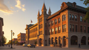 Historic downtown government building in La Crosse, Wisconsin at golden hour, representing the city's infrastructure development and contractor performance bond requirements.