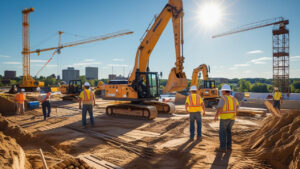 Construction site with cranes and heavy equipment under bright sun in La Crosse, Wisconsin—showcasing active development projects backed by bonds fund performance guarantees.