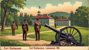 Historic Fort Steilacoom in Lakewood, WA depicted with uniformed soldiers and a historic cannon on the green parade grounds.