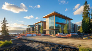 Modern commercial development under construction along the waterfront in Lakewood, Washington during sunset.