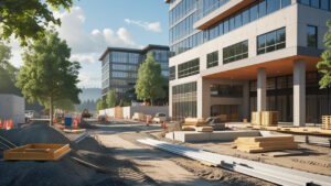Office buildings under construction in Lakewood, WA with construction materials, equipment, and trees lining the project site.