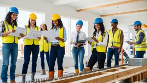 Female-led construction team reviewing floor plans at a building site in Lehi, Utah