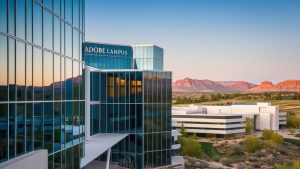 Modern Adobe Campus headquarters in Lehi, Utah with mountain views at sunset