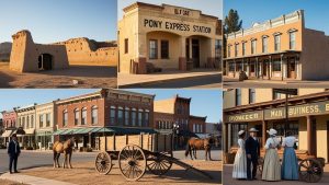 Historic downtown Lehi, Utah featuring Pony Express Station and pioneer-era buildings