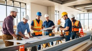 Group of male construction workers in Lehi, Utah reviewing architectural plans on-site
