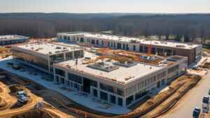 Aerial view of a large construction site in Manassas, Virginia, showcasing a multi-structure campus-style building surrounded by cleared land and cranes.