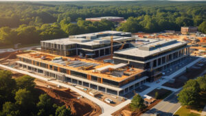 Modern government or commercial building under construction in Manassas, Virginia, surrounded by forest and heavy machinery during development.