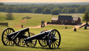 Historic battlefield in Manassas, Virginia featuring Civil War-era cannons and a brick visitor center with reenactors in the distance.