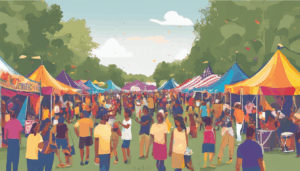 Colorful outdoor festival in Manassas, Virginia with large crowds, vendor tents, and families enjoying a community event in a park setting.