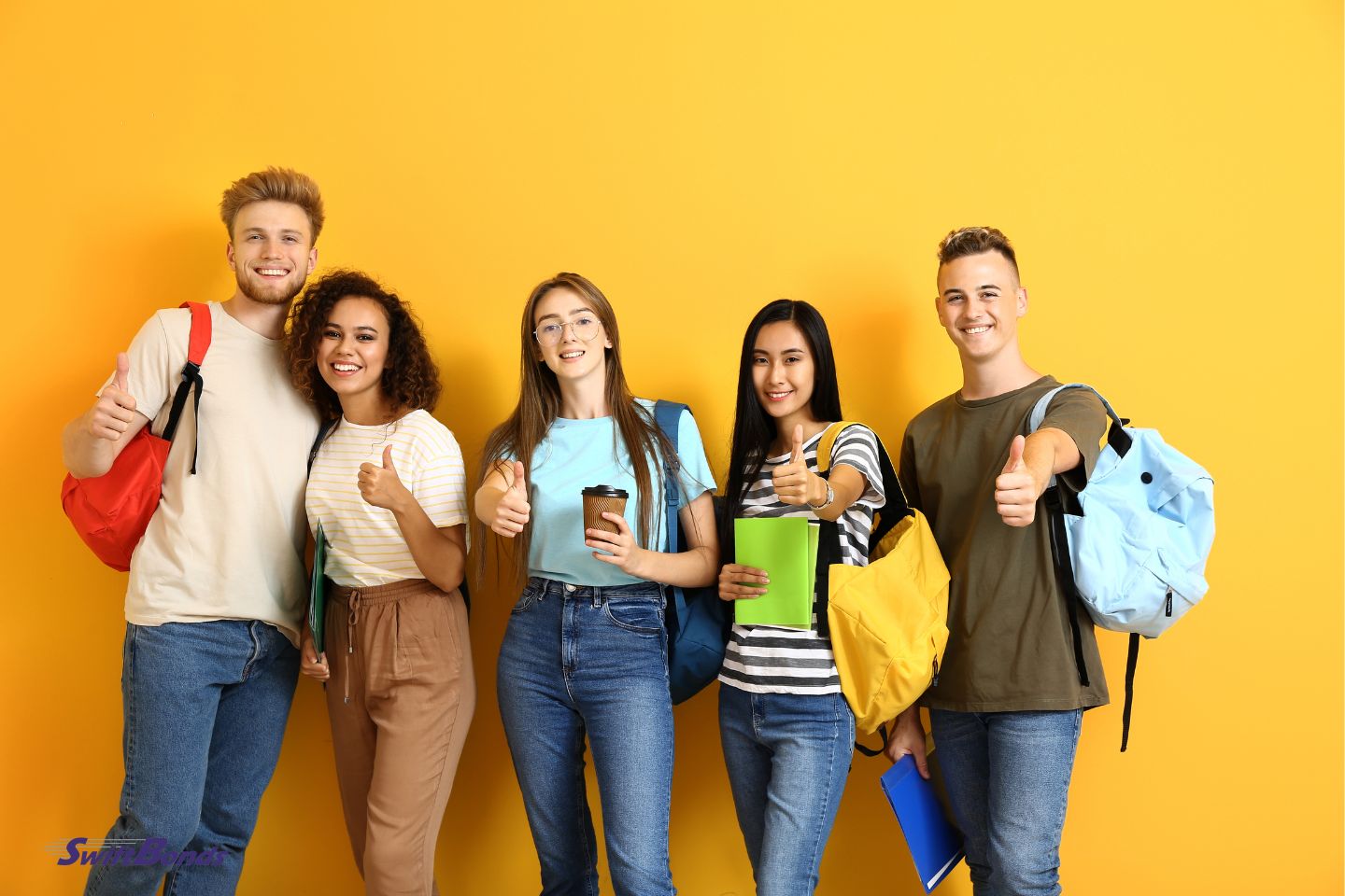 On a yellow background, students are doing the thumbs up gesture.