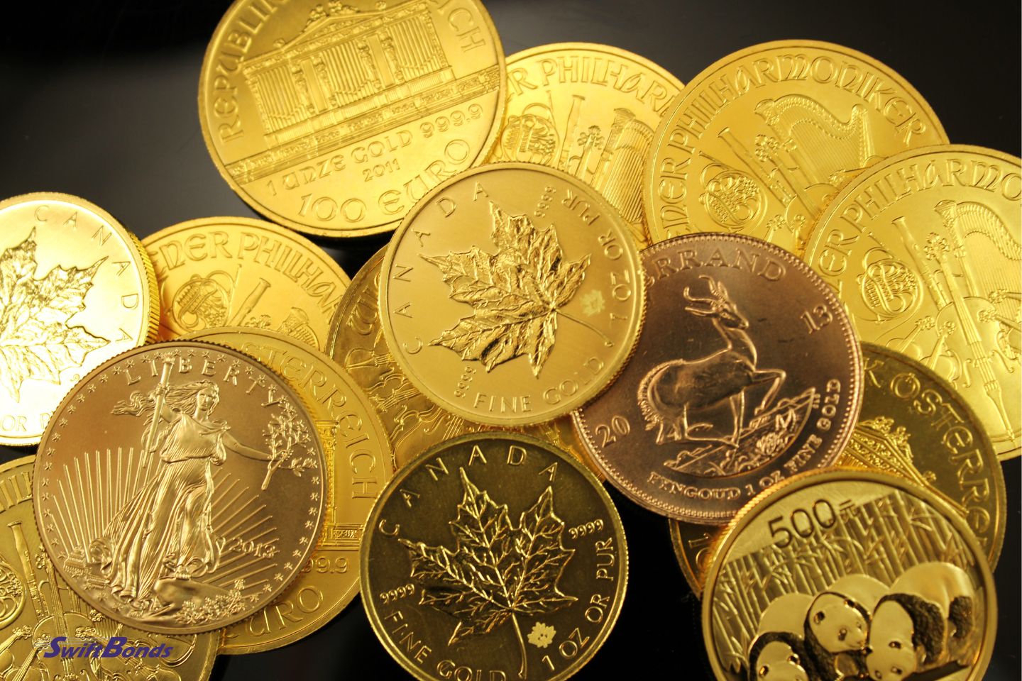 A close-up of spherical gold coins.