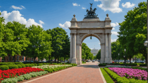 Historic Victory Arch in Newport News, Virginia, surrounded by landscaped gardens and symbolic of civic development