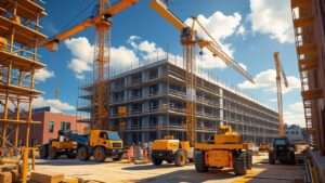 High-rise commercial construction project in downtown Norfolk, Virginia with cranes and scaffolding under active development.