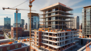 Construction site in Norfolk, Virginia featuring tower cranes, heavy machinery, and mid-rise development under blue skies.